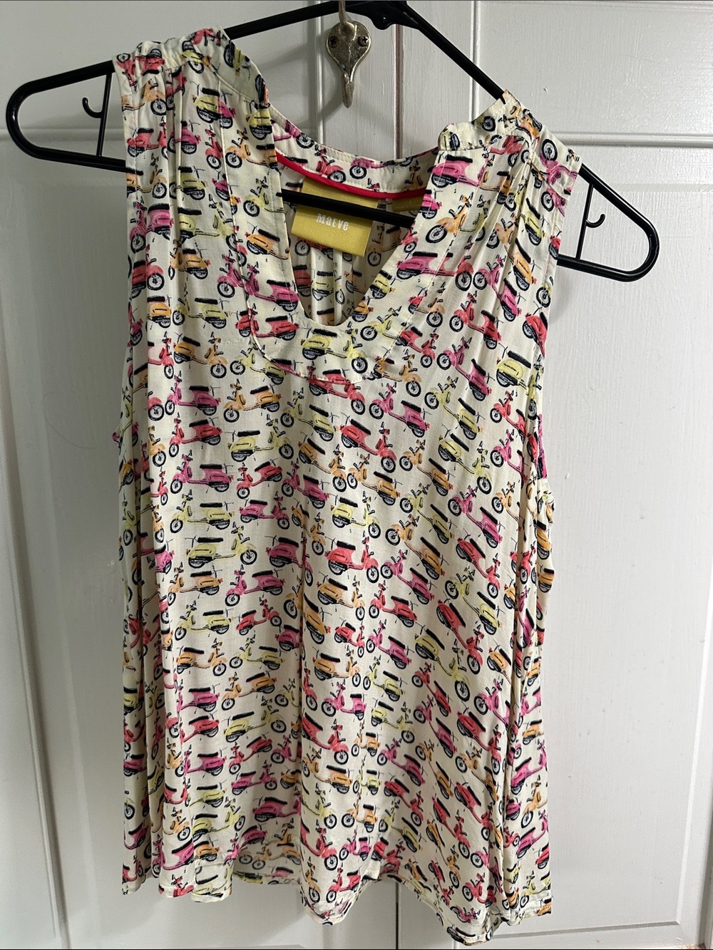 Maeve Cream V-Neck Sleeveless Top with Pink & Yellow Scooter Print